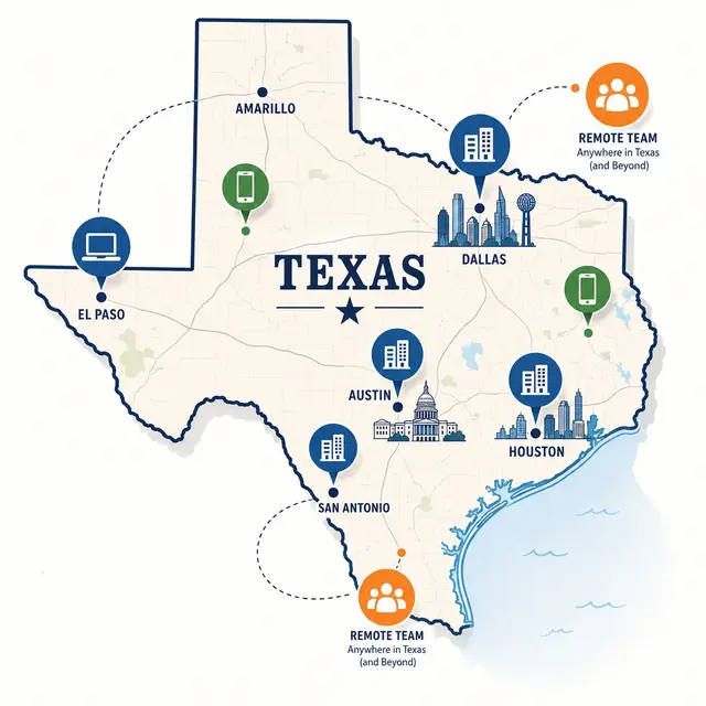 Texas state outline with icons for mobile, office, remote team and call center connected to a central phone pin